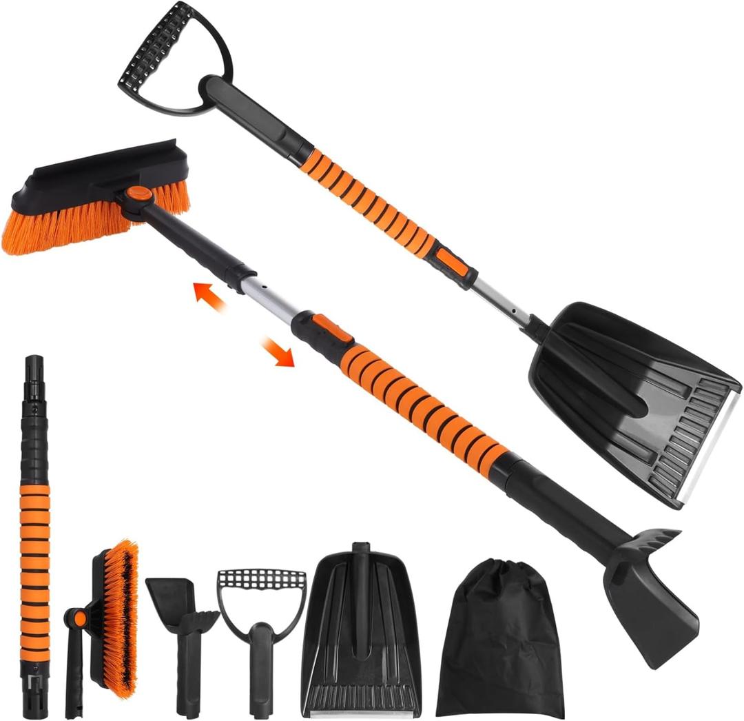 Extendable Ice Scraper and Snow Brush, 5 in 1 Emergency Snow Shovel Set, 180 Pivoting Brush Head, Foam Grip Handle, Multi-Function Car Snow Removal Kit for Cars, Trucks, Winter Travel