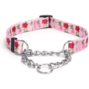 Martingale Dog Collar with Stainless Steel Chain - Limited Chain Cinch Training Collar for No Pull Training Dog - Flower Multicolor Cute Patterns - Premium No Slip Collar (M, Roses)