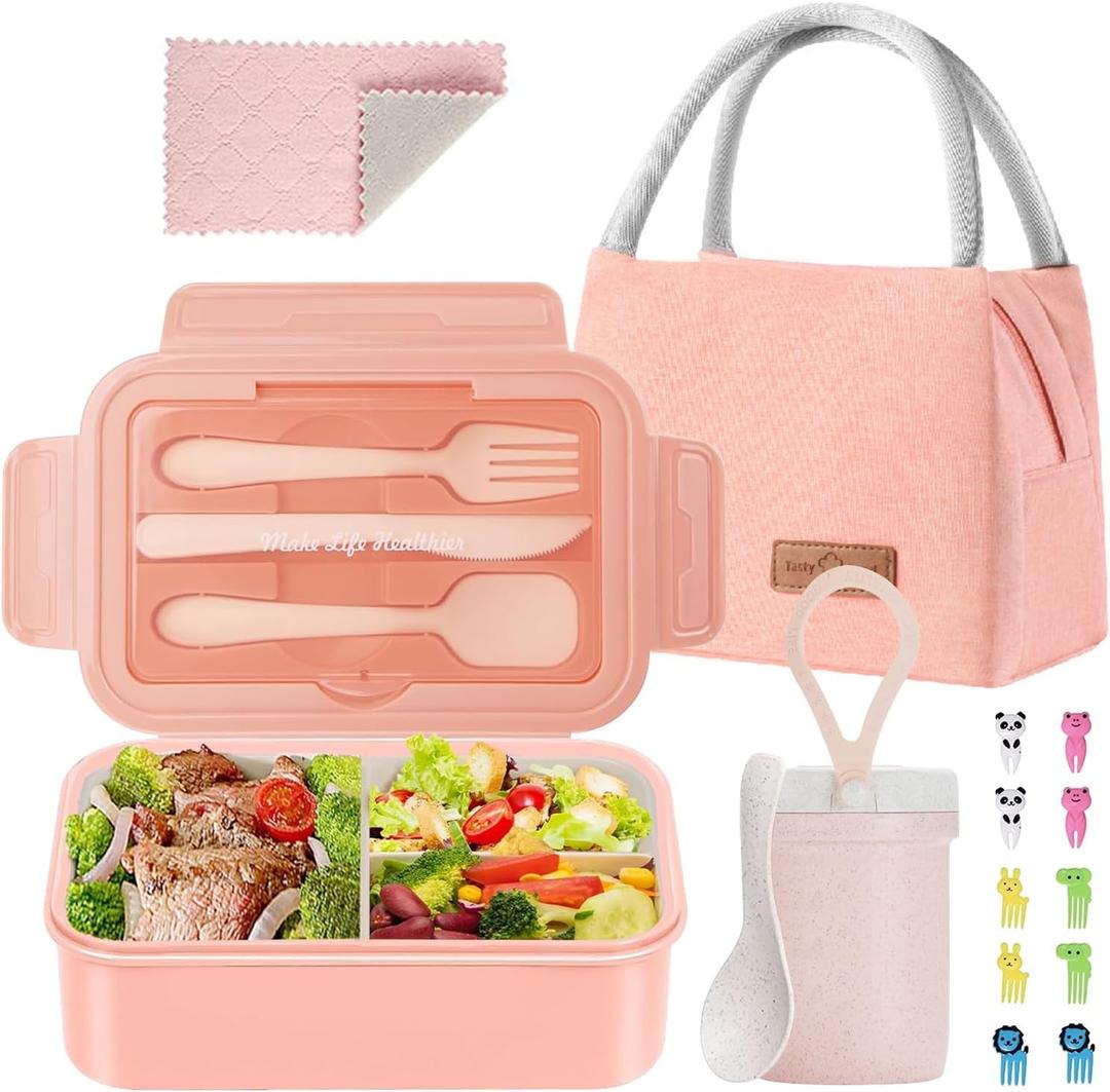 Bento Lunch Box for Kids, Lunch Box Leak-proof for Girls Boys Adults Teens School, Lunch Containers Durable with Lunch Bag, Cup, Spoon, Forks, Dishcloth (Pink Set)