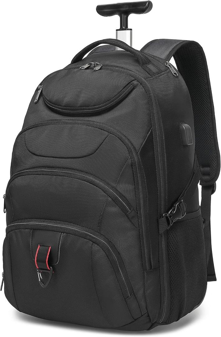 Boavan Rolling Backpack,17 inch Water Resistant Wheeled Backpack,Carry on Luggage Business Bag, Overnight College Computer Trolley Suitcase for Men Women Adults to TravelBlack