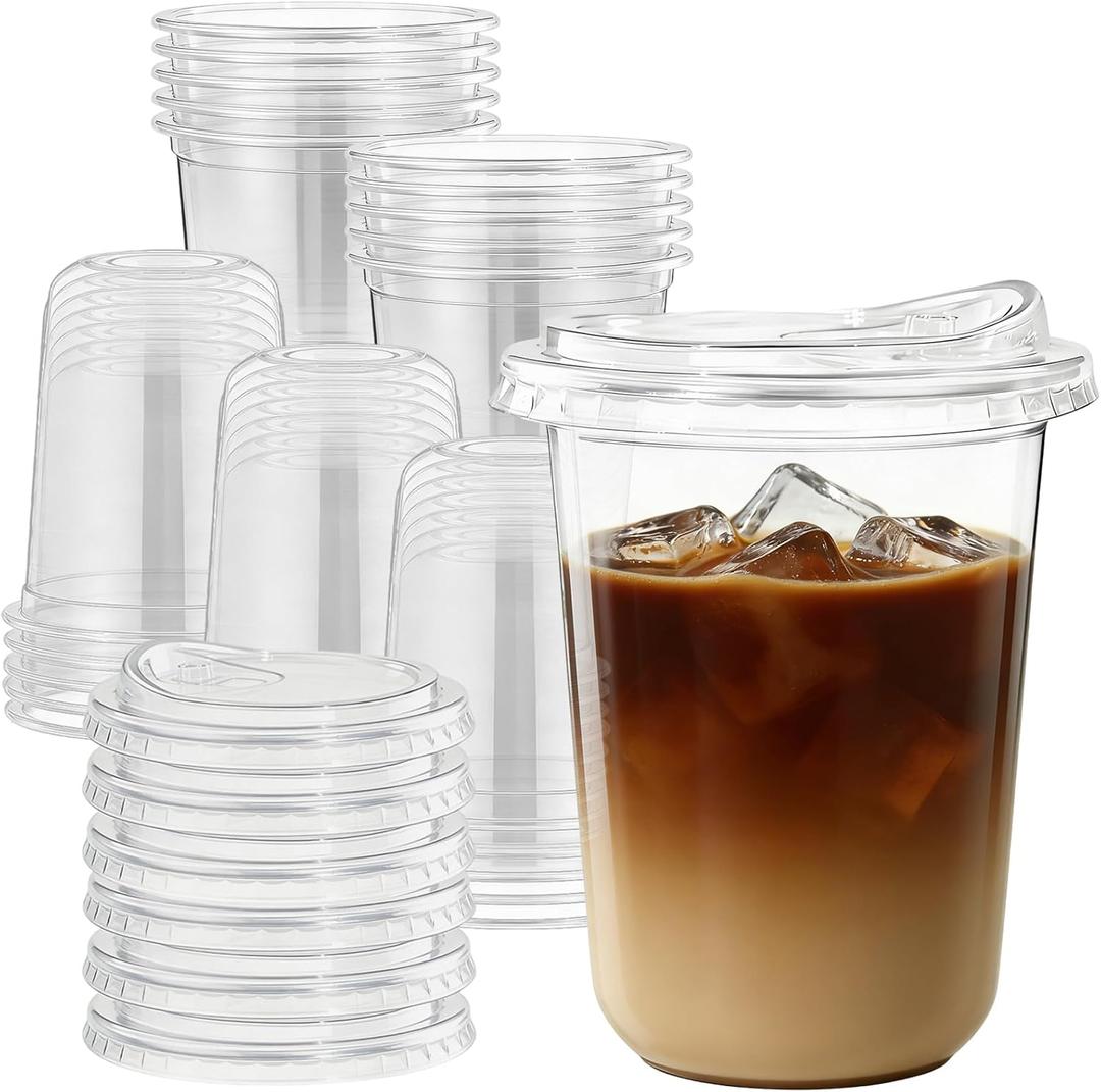25 Pack-16 oz Clear Plastic Cups with Lids Food Grade Disposable Iced Coffee Cups for Smoothies, Milkshake, Parties