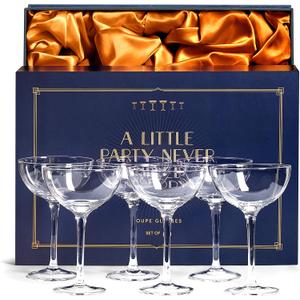 Vintage Crystal Champagne Coupe Glasses | Set of 6 | 4-5 oz Classic Cocktail Glassware - Martini, Manhattan, Cosmopolitan, Sidecar, Daiquiri | 1920s Speakeasy Retro Style Saucers | Storage Box