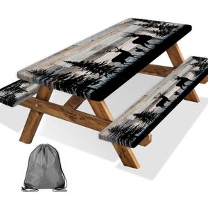 Forest Deer Picnic Table Cover with Bench Covers and Bag, Camping Essentials, Waterproof Windproof, Fitted Tablecloth Cover with Elastic Edge, for Indoor & Outdoor, Garden, 3 PCS, 30x60 Inch