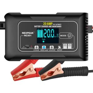 NEXPEAK NC301 20-Amp Car Battery Charger, 12V and 24V Smart Fully Automatic LiFePO4 Battery Charger Maintainer Trickle Charger w/Temp Compensation for Car Truck Boat Lead Acid Lithium Batteries