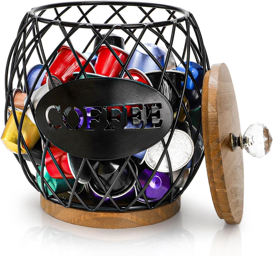 Coffee Pod Holder with Lid, Large Capacity K Cup Storage Basket, Black Wire Coffee Pod Basket Decor for Countertop, Round Coffees Holder for Keurig Kcups, Espresso Capsules, Christmas Gift