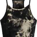 Women's Ribbed Knit Tie Dye Camisole Top Sleeveless Slim Fit Crop Tops Y2K Cami Streetwear Women Shirts (Large, Black)