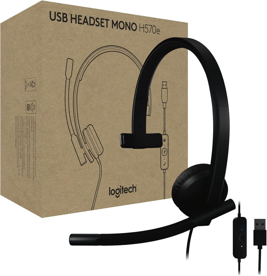 Logitech H570e USB Headset with Microphone for PC and Mac, USB-A Wired Headset with Mono Sound, Noise-Canceling Mics and Inline Controls, Certified for Microsoft Teams, Black