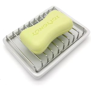 Ceramic Soap Dish with Stainless Steel Drain Tray Self Draining Soap Holder Sponge Holder Soap Dishes for Shower, Bathroom, Kitchen Sink