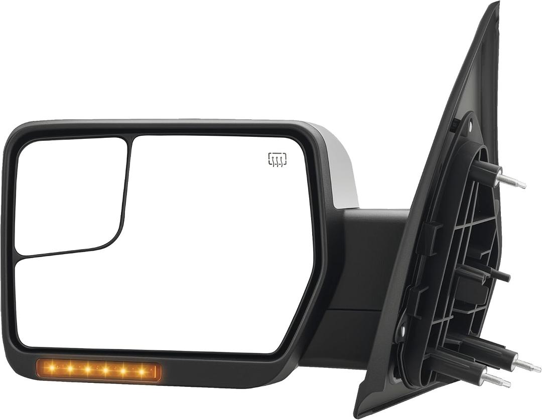 Driver Side Tow Mirror Compatible with 2004-2014 Ford F150, Side Mirror with Power Heated Turn Signal Puddle Light Manual Folding, Reflective Strip, Chrome Housing, Left, Driver Side Only