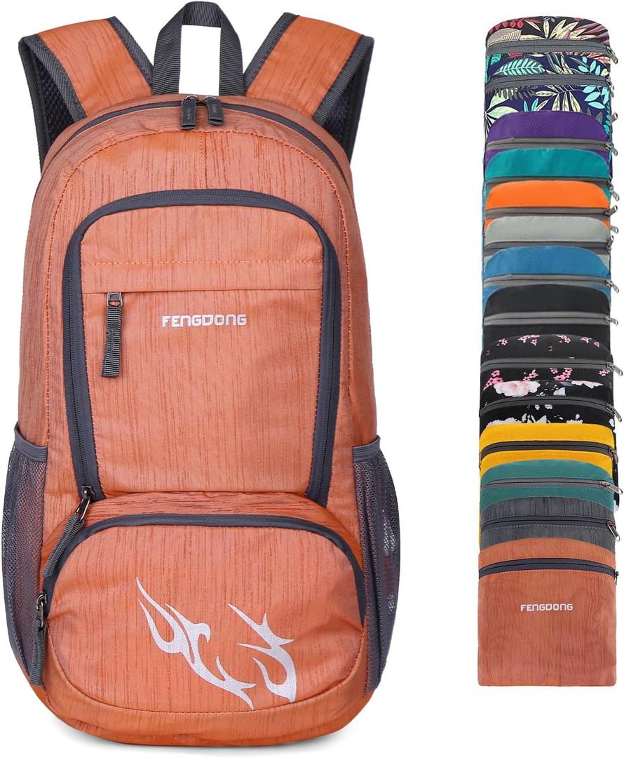 FENGDONG 35L Lightweight Foldable Waterproof Packable Travel Small Hiking Backpack Daypack for men women (A6- Dark Orange)