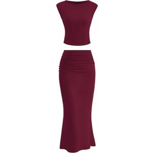 PRETTYGARDEN Skirt Sets Women 2 Piece Outfits Summer Outfits 2026 Going Out Crop Tops Long Maxi Skirts Beach Vacation Clothes (Red, M)