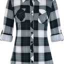 DJT Womens Soft Stretchy Knit Plaid Shirts Roll Up Long Sleeve Collared Button Down Blouses Tops (X-Large, Blue Mirage)