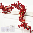 Sggvecsy Red Berry Garland Lighted Burgundy Berry Christmas Garland Artificial 6Ft for Christmas Winter Holiday Fireplace Mantel Table New Year Indoor Outdoor Decoration