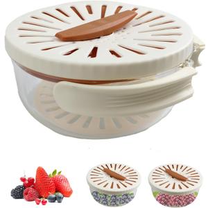 Fruit and Vegetable Drainer Container, Fruit Strainer with Foldable Handle, Drain Basket with Lid, Kitchen Washer Colander for Fruit and Vegetable, Brown