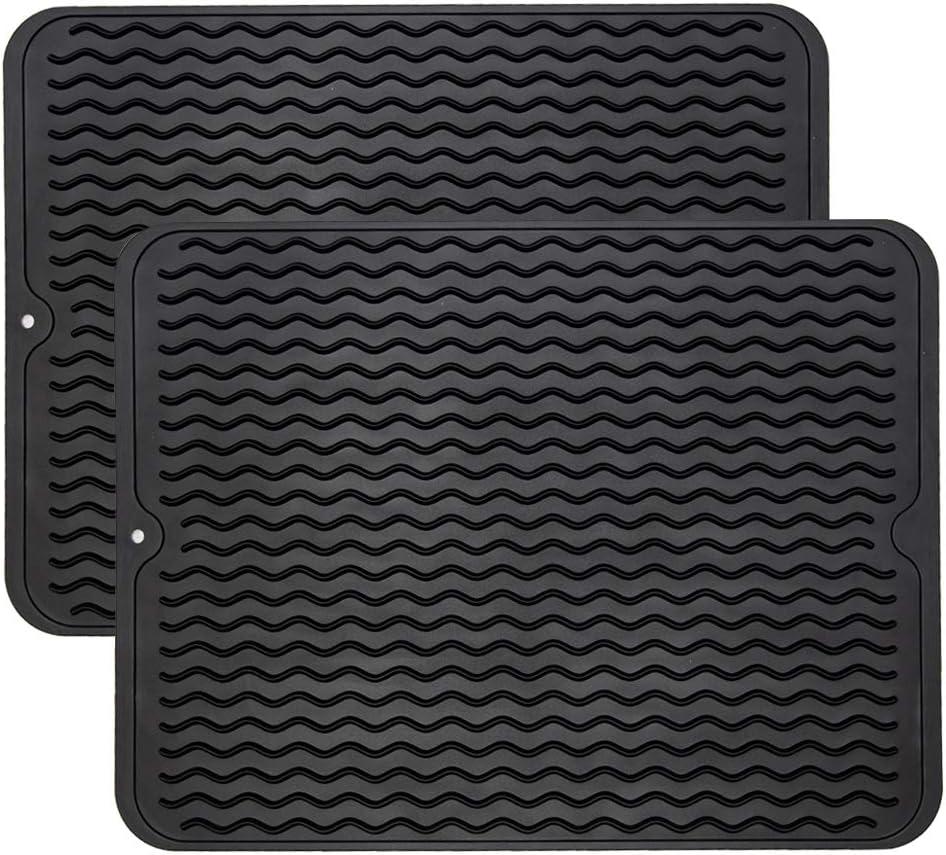 ZLR 2 Pcs Silicone Dish Drying Mats for Kitchen Counter, Eco-Friendly Quick Dry Dish Mat, Easy Clean Multi Usage Drying Matt, Heat Resistant Trivet, 12" x 16" Large, Black