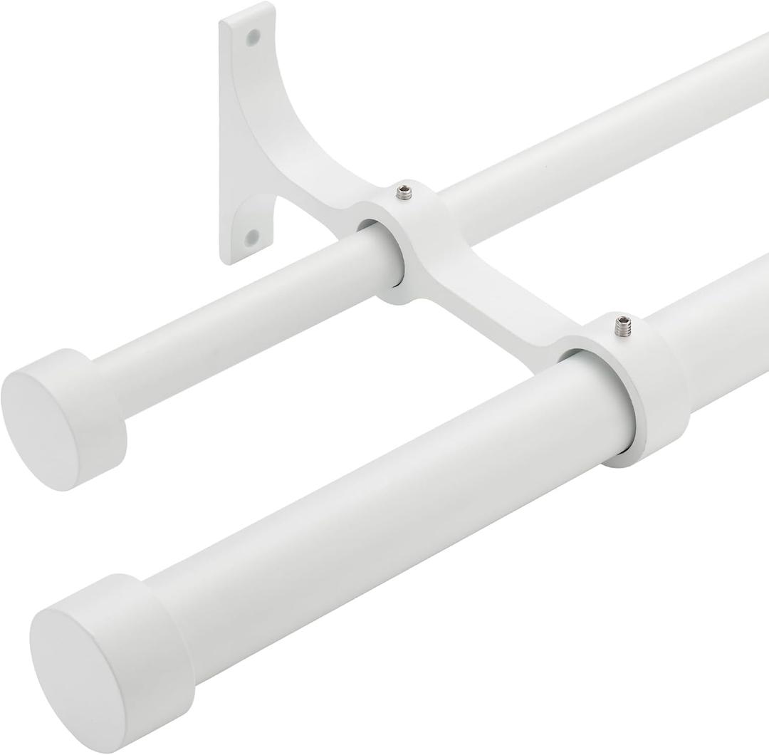 Double Curtain Rods with Aluminum End Cap and Full Surround Brackets,1"Front and 5/8" Back Rod,Adjustable between 36 to 72 Inches (3-6 Feet), Matte White Double Window Drapery Rod (36-72")