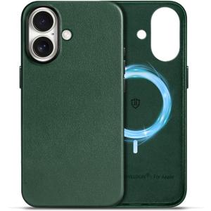 SHIELDON Real Leather Case for iPhone 17 6.3" 2025 | Compatible with Magsafe, Magnetic Wireless Charging, Slim Fit, Comfort Grip, Non-Slip, Shockproof, Metal Button, Protective Phone Cover - Evergreen