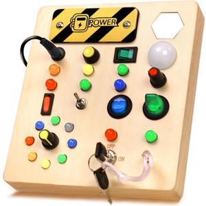 Busy Board with Led Light, Wooden Montessori Stem Toys for 1 2 3 Year Old, Educational Preschool Learning Travel Activities Sensory Toys for Toddlers 1-3, Birthday Gifts for Kids Boys Girls (Led Busy Board)