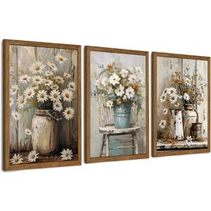 DUWQU 3 Piece Framed Elegant Farmhouse Canvas Wall Art, Vintage Floral Pictures Wall Decor, Nature Themed Daisy Art Prints for Living Room Bedroom Kitchen and Office Ready to Hang 1624 Inches