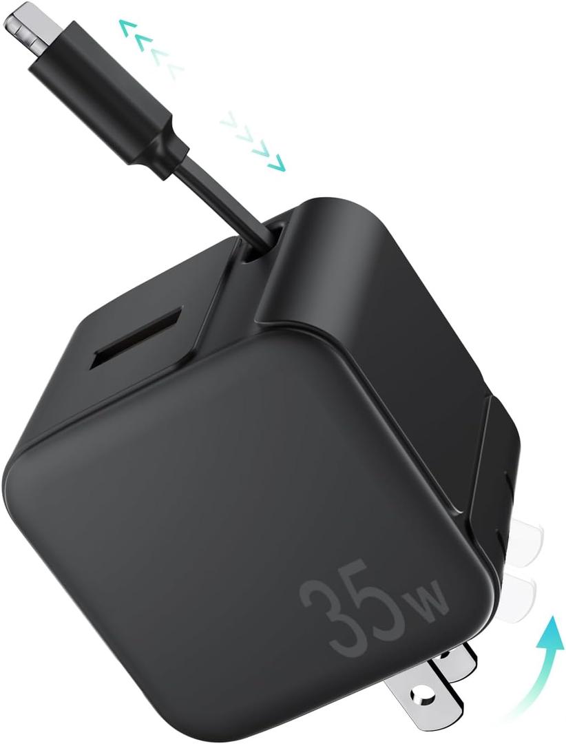 Retractable Wall Charger Block for iPhone, 35W PD Fast Charger with Retractable Lightening Cable and USB Port, Portable Charger Adapter with Foldable Plug for iPhone14/13/12,iPad,Air-Pods Black