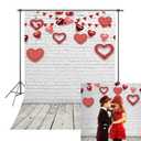 RUINI Valentine's Photography Backdrop Bokeh Red Heart Rustic White Brick Wall with Gray Wooden Floor Love Theme Party Decorations Banner 5x7FT