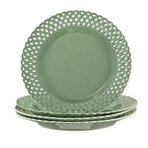 Graceful Basketweave Wide Rim 12 inch Dinner Plates, Extra Large Round Platter Scallop Serving Tray Set of 4, for Restaurant, Kitchen, Party, Home, Wedding, Gift, Microwave Dishwasher Safe, Sage Green
