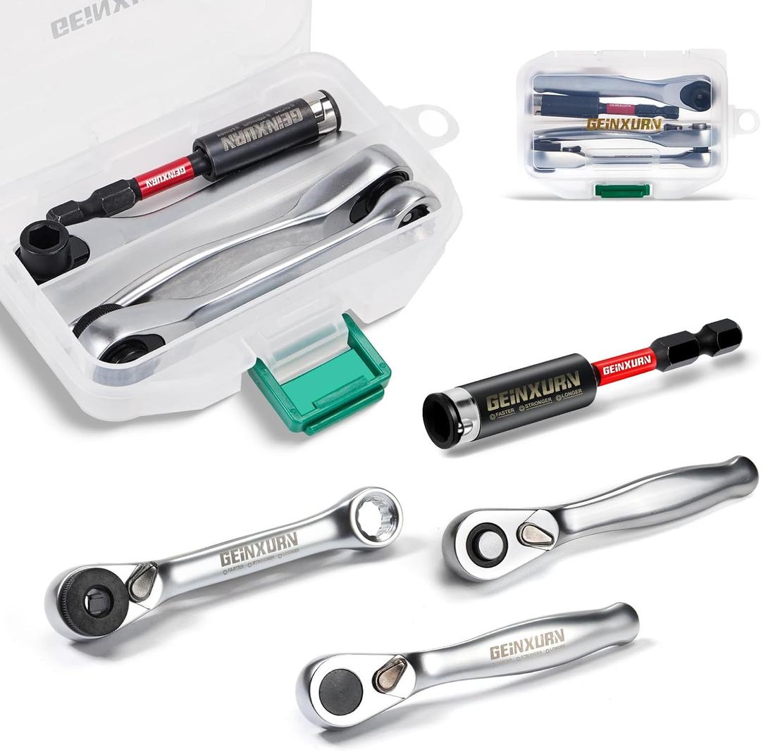 GEINXURN Mini Ratchet Wrench& Bit Holder Set 4 Pcs, 1/4" Drive Ratchet Handle Wrench, 72-T Quick-Release Reversible Socket Wrench, Impact Extension Bit Holder with Case
