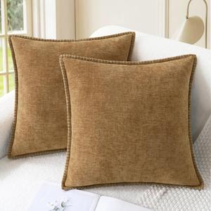 CaliTime Throw Pillow Covers Decorative 18 X 18 Inches Pack of 2 Cotton Thread Stitching Edges Solid Dyed Soft Chenille Cushion Cases for Couch Sofa Bed Living Room Farmhouse Apricot Brown