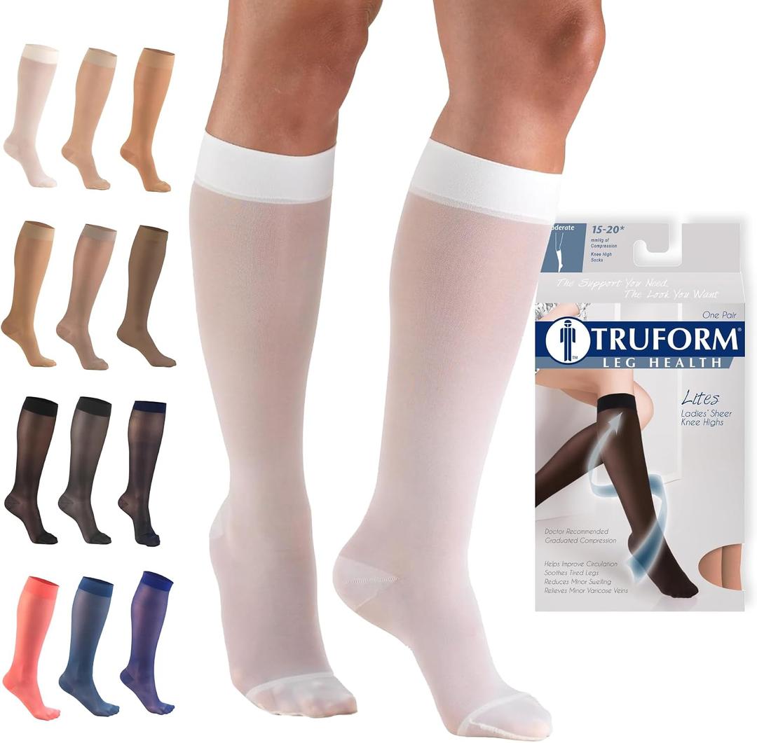 Truform Sheer Compression Stockings, 15-20 mmHg, Women's Knee High Length, 20 Denier, White, Small