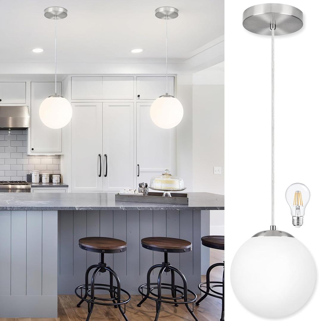 KoKo&Yukina 8 Inch Globe Pendant Light Nickel Globe Pendant Lights Kitchen Island Mid Century Light Fixture with Milky White Glass Shade Adjustable Lights for Dining Room