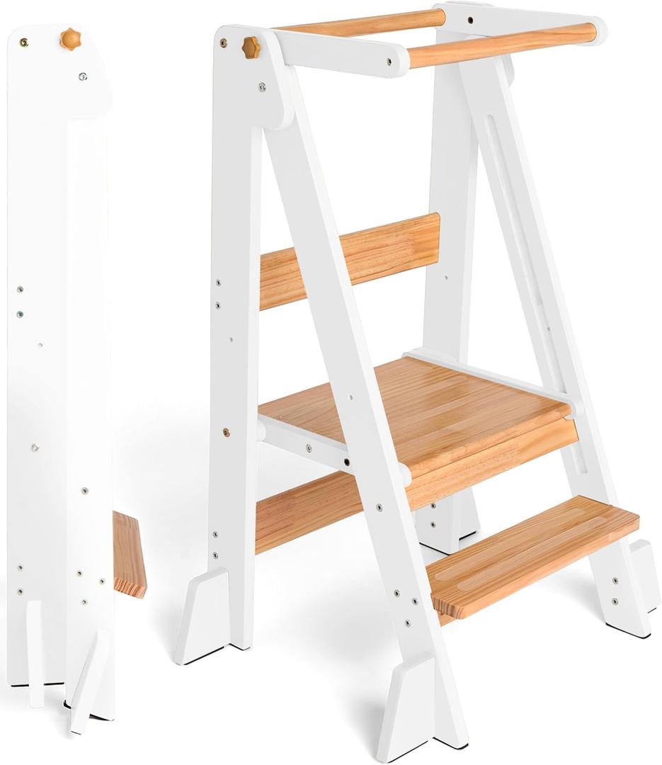 OCODILE Adjustable Foldable Toddler Tower Folding Tower for Kids | Montessori Toddler Kitchen Step Stool Helper for Independence - White