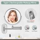 Rechargeable Wall Mounted Lighted Makeup Vanity Mirror 8 inch 1X/20X Magnifying Bathroom Mirror with 3 Color Lights, Double Sided with Dimmable LED Lights, Extended Arm 360 Swivel Extension Mirror