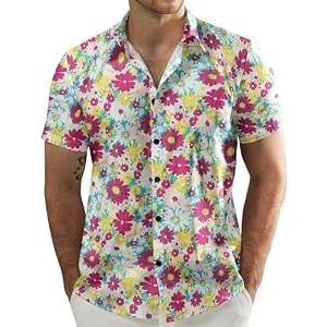 JOGAL Men's Flower Casual Short Sleeve Aloha Hawaiian Shirt White Pink Daisy Large
