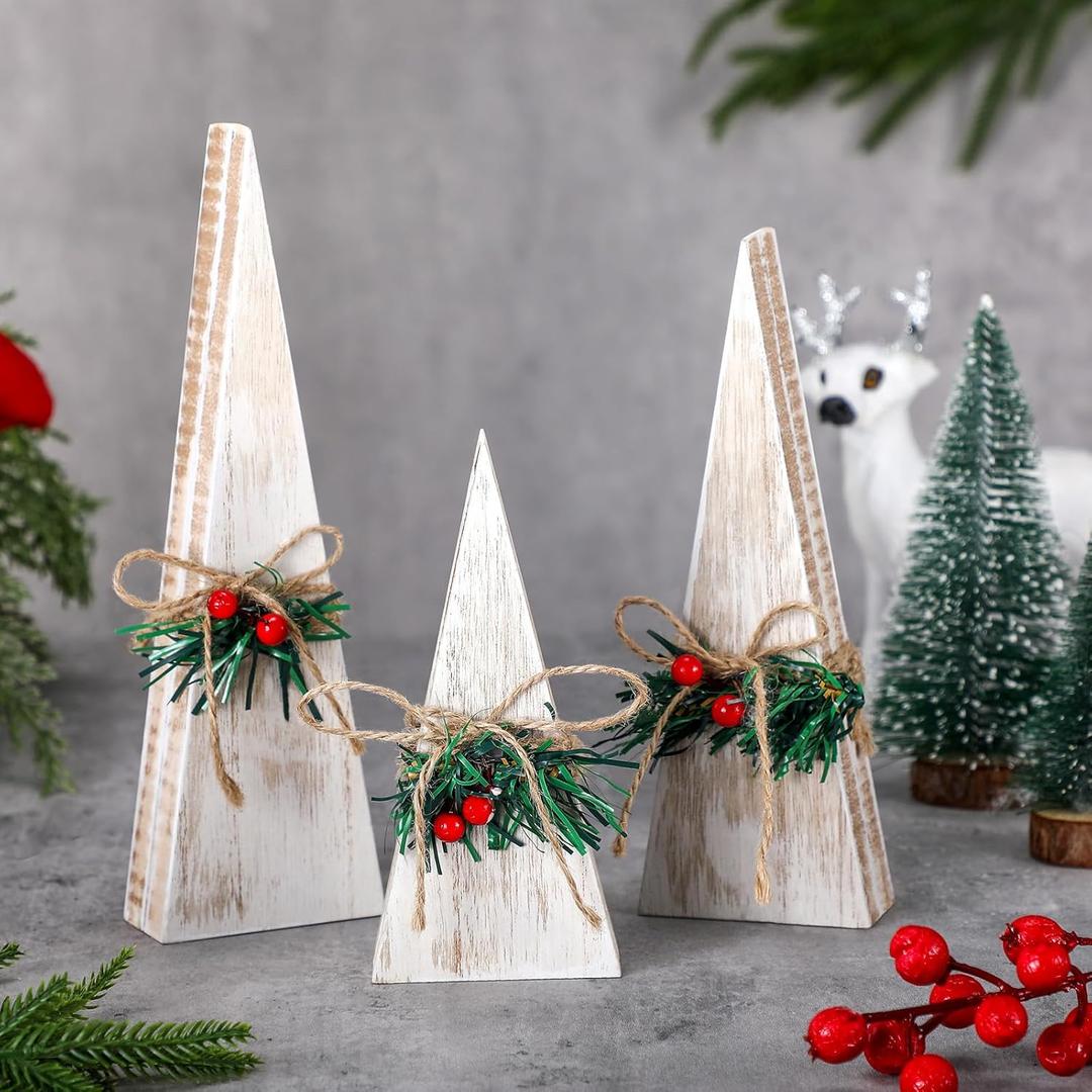3 Pcs Wooden Tree Tabletop Decor Winter Rustic Table Signs Wood Farmhouse Table Centerpieces Neutral White Tree Centerpieces for Holiday Winter Gift Home Party Decor