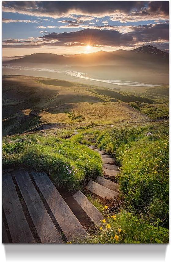 Mountain Sunset Lake Wall Decor: Landscape Picture Sunrise Grass Artwork Stair Painting for Bedroom House 16x12 Inch