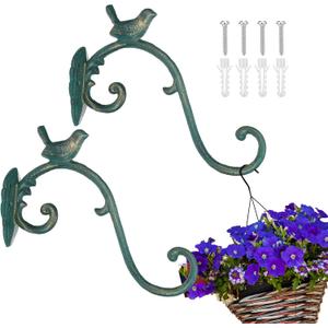 Moxweyeni 2 Pcs Cast Iron Plant Hangers Outdoor 10" Heavy Duty Hanging Basket Brackets Lovely Bird Shape Decorative Wall Hangers for Flower Pots Bird Feeder Wind Chime Lantern(Golden Green)