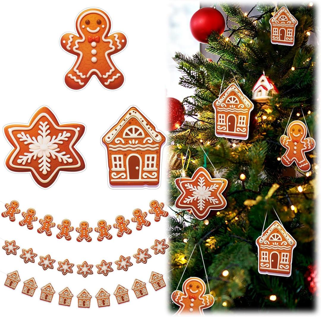 Janinka 3 Pack Gingerbread Christmas Decoration Gingerbread Christmas Garland Paper Decor with House Snowflakes Xmas Hanging Tree Decorations for Wall, Door, Yard, Home, Office, Indoor Outdoor