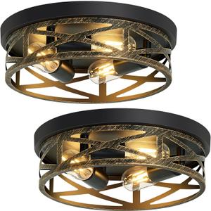 Flush Mount Ceiling Light Fixture,13 inch Rustic Metal Black 3-Light Hallway Light Fixtures Ceiling,Vintage Light Fixtures Ceiling Mount for Farmhouse,Kitchen,Hall (2 Pack)
