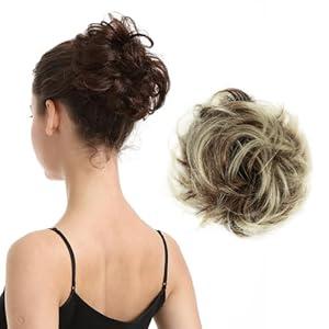 BARSDAR 100% Human Hair Bun Extension - Real Human Hair Highlight Messy Bun Scrunchie for Women - Elastic Wavy Small Updo Chignons Hairpieces Soft Natural Looking Daily, Medium Brown & Light Blonde