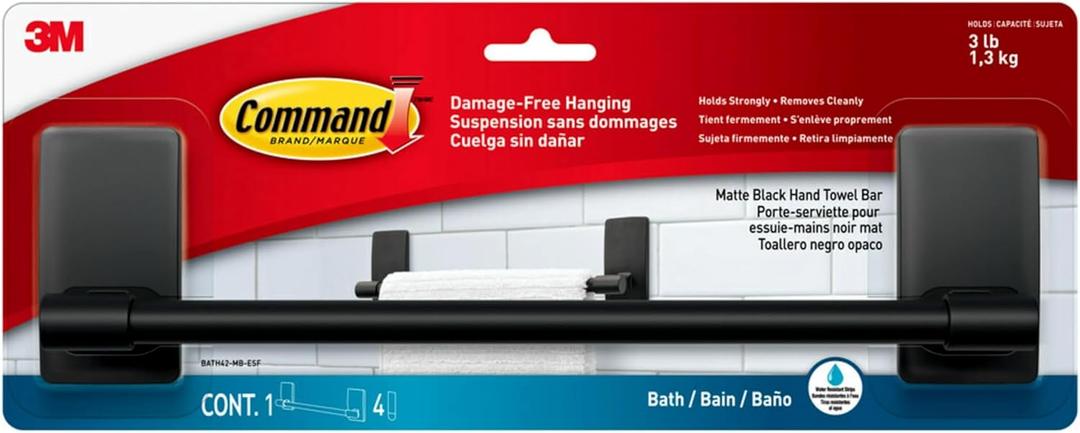 Command Hand Towel Bar Matte Black with Water Resistant Strips, Bathroom Decor, 9 in Bar Length Holds up to 3 lbs