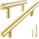 QOGRISUN 2-Pack Solid Brass Cabinet Pulls, Gold Euro Style T Bar Handles, 3-Inch Hole Center for Kitchen Drawer Dresser Cupboard, 4.9-Inch Total Length, Brushed Brass Finish