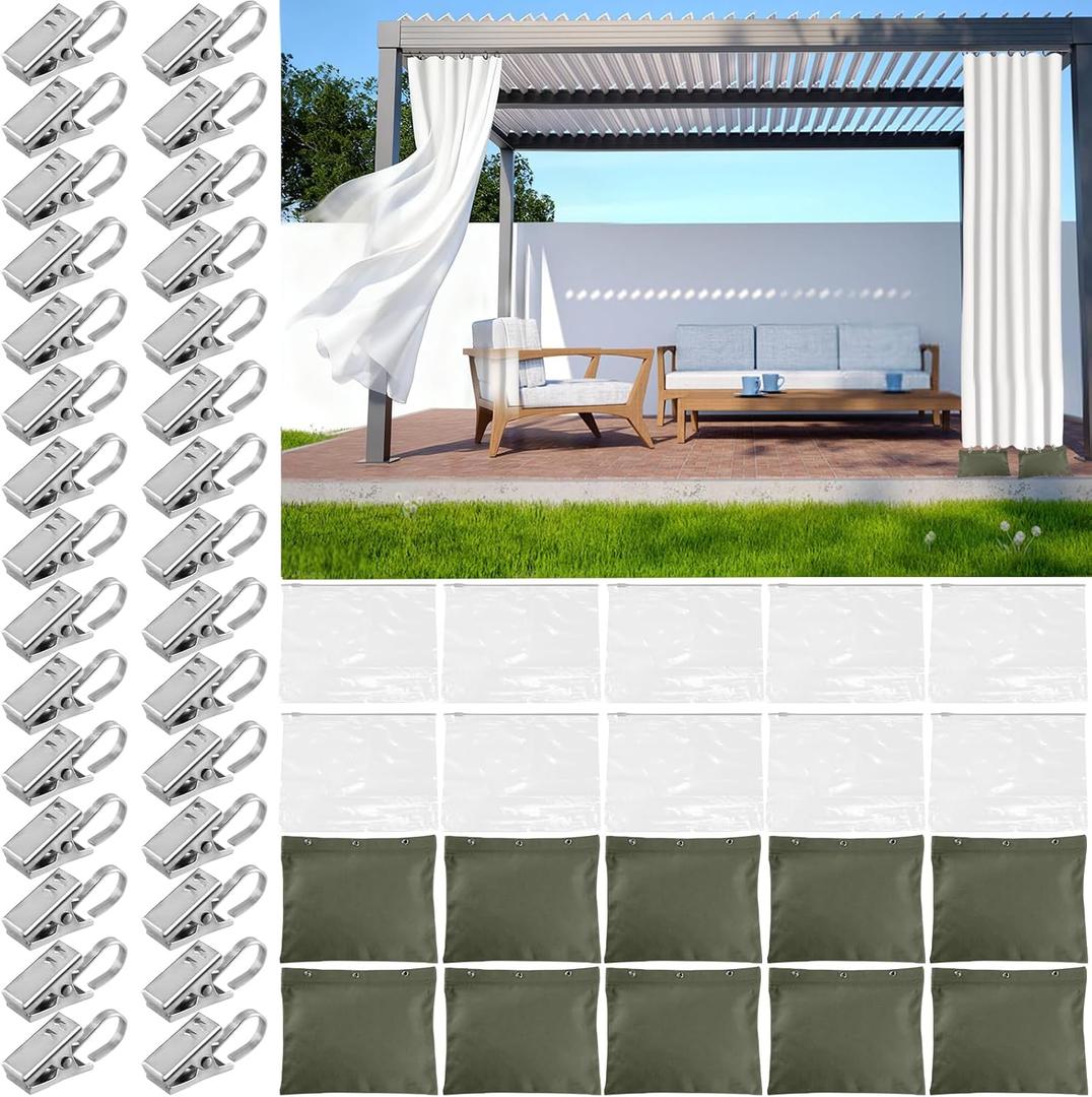 10 Set Outdoor Curtain Weights Upgraded 30 oz High Weighted Sand Bags with 30 Metal Clips for Gazebo Patio Tent Tablecloth 7.5"*8.7" Green
