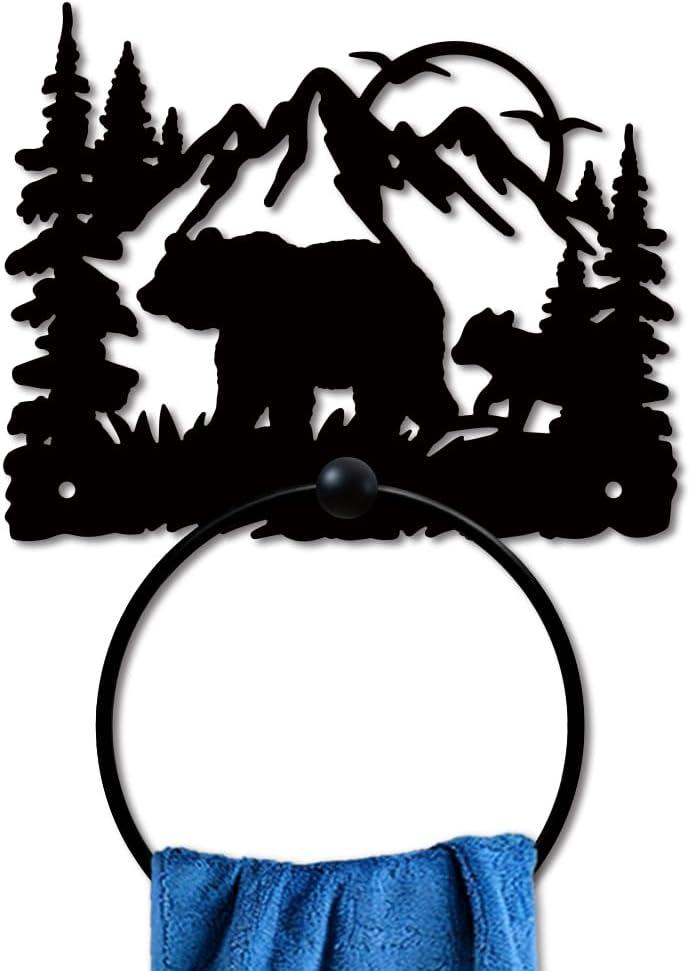 MAYJOYDIY Bear Forest Metal Towel Ring Animal Mountain Towel Holder Sun Bird Metal Bath Towel Ring Wall Mounted Black Art Towel Rack for Bathroom Accessories Wall Mounted Decoration