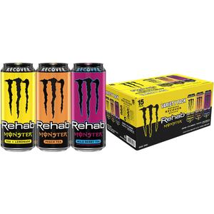 Monster Energy Rehab LPWBT, Variety Pack, Energy Iced Tea, 15.5 Ounce | Pack of 15 (EXP 12/12/27)