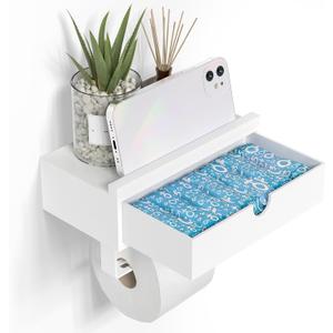 Domax White Toilet Paper Holder with Shelf - Wall Mount/Adhesive Bathroom Toilet Paper Holder with Storage Drawer for Organizer Tampon or Small Items Bamboo Wood Tissue Toilet Paper Roll Holder, Small