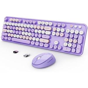 SkyGive Wireless Keyboard and Mouse Combo, Ergonomic Full Size Typewriter Retro Round Keycaps Keyboard, Compatible with Windows, PC, Perfer for Home and Office Keyboards (Purple