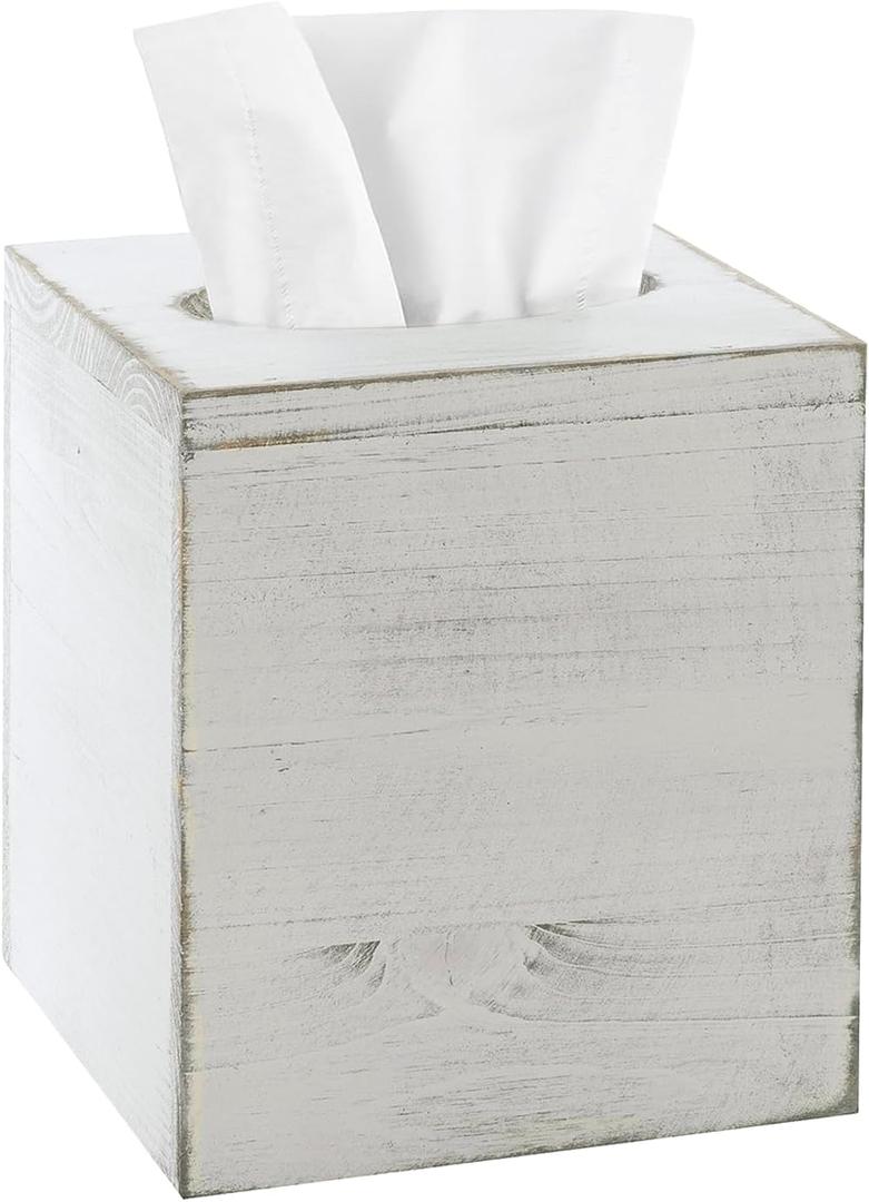 MyGift Vintage White Wood Tissue Box Cover Holder with Easy Refill Slide Out Bottom, Decorative Square Bathroom Facial Tissue Holder