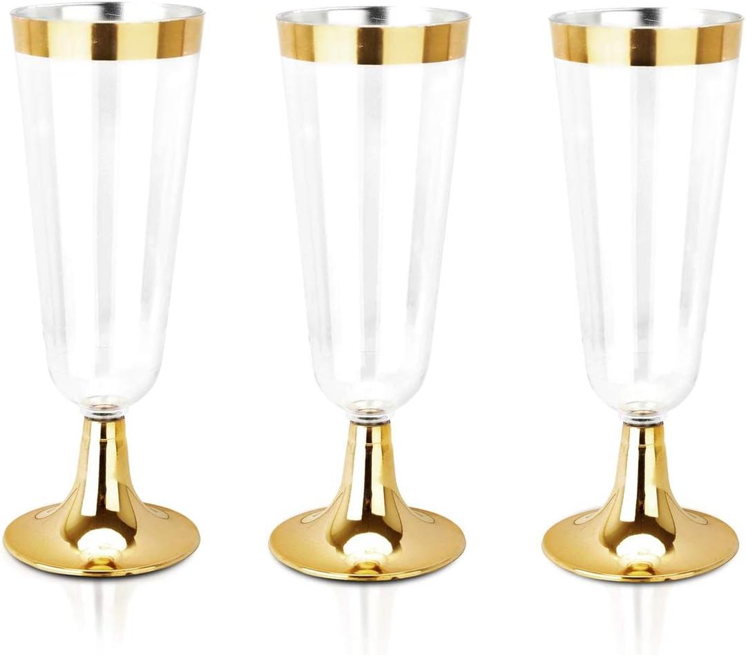 bUCLA 100 Pack Gold Plastic Champagne Flutes - 5OZ Plastic Champagne Glasses With Gold Rim - Premium Quality Gold Disposable Cups-Ideal for Thanksgiving Party, Weddings