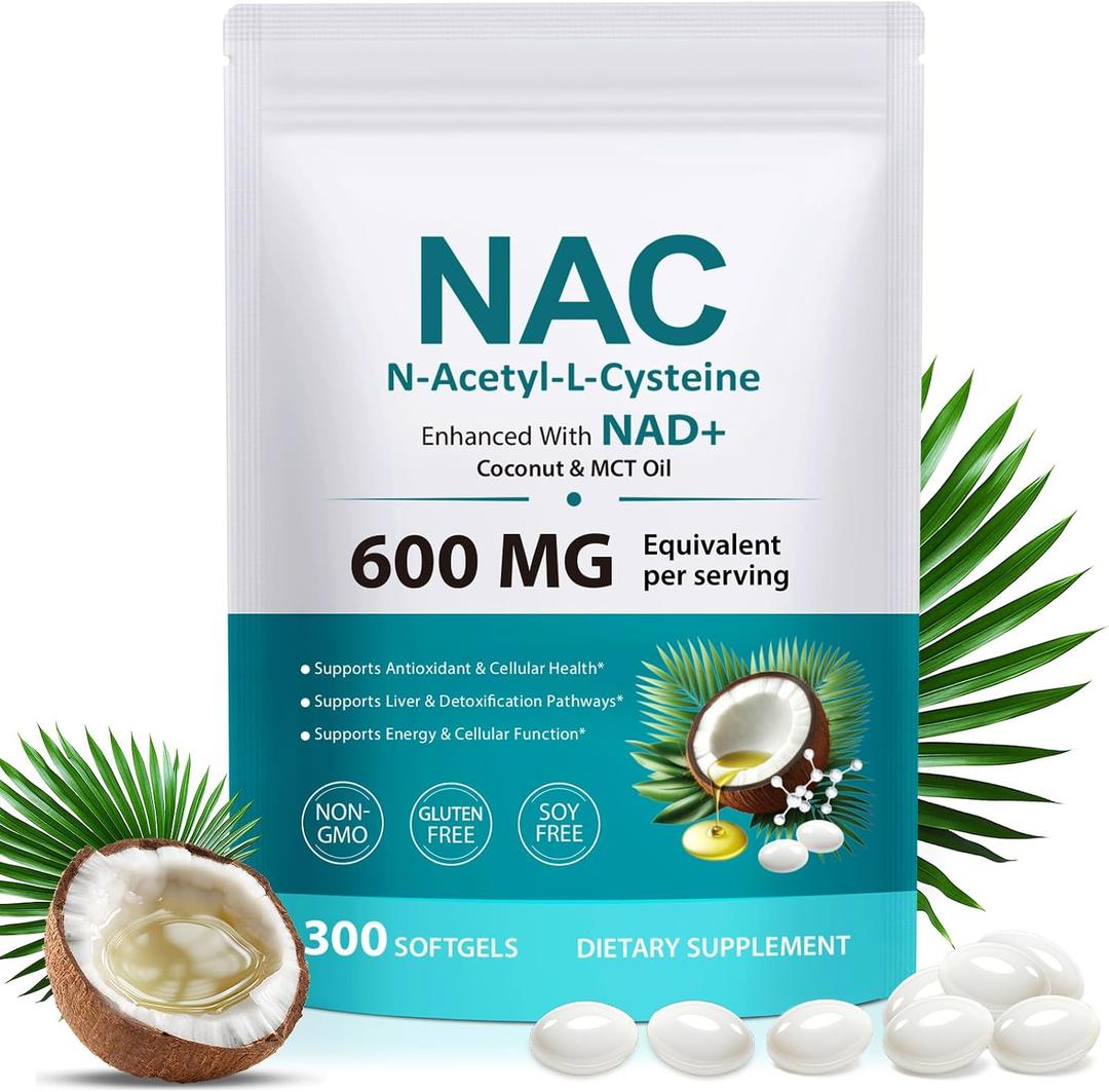 NAC Supplement (N-Acetyl Cysteine) Softgels with NAD+, Coconut Oil & MCT Oil, Non-GMO, Gluten Free, 300 Count