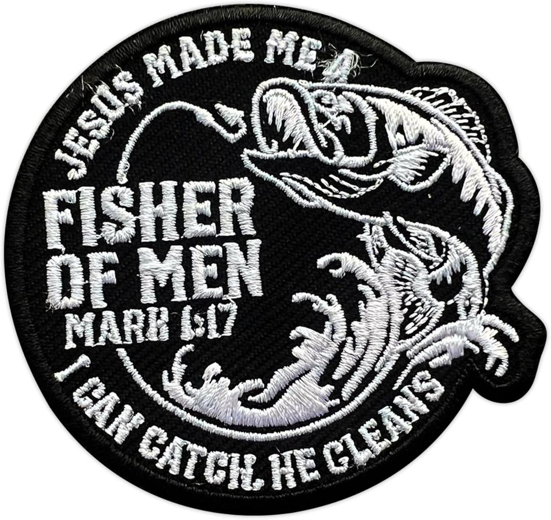 3 x (Black) Jesus Made Me A Fisherman Embroidery Patch for Clothes Backpacks Hats Jeans Bags, Religious Size 3" Iron Patch or Sew On Patches, Applique Embroidery Patches, God Gift for Christians